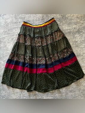 Tiered Olive Green Polka Dot Women's Skirt with Floral Panels